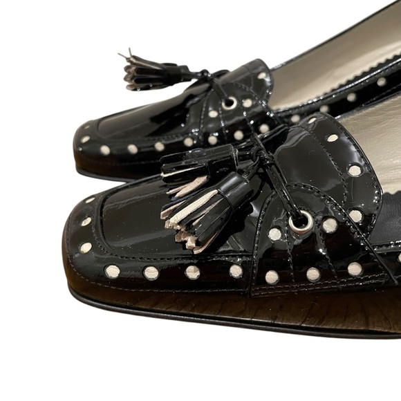 Coach Jude Patent Leather Black Parchment Studded Tassel Kitten Heels Women 10 - Picture 2 of 11